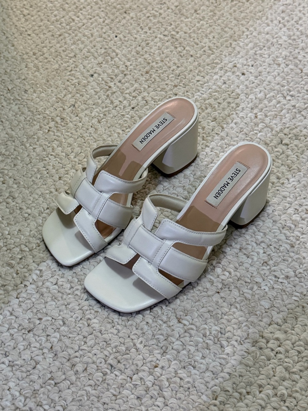 Steve Madden White Leather Slide Heels with Interwoven Straps